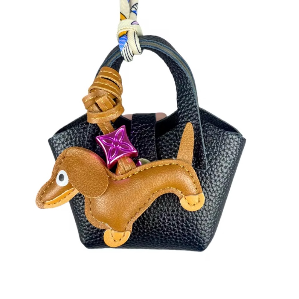 Leather Dachshund Bag Charm Keyring - Black & Brown